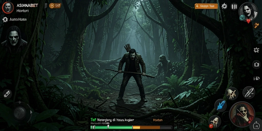 Tampilan antarmuka menampilkan suasana mencekam dari hutan angker.