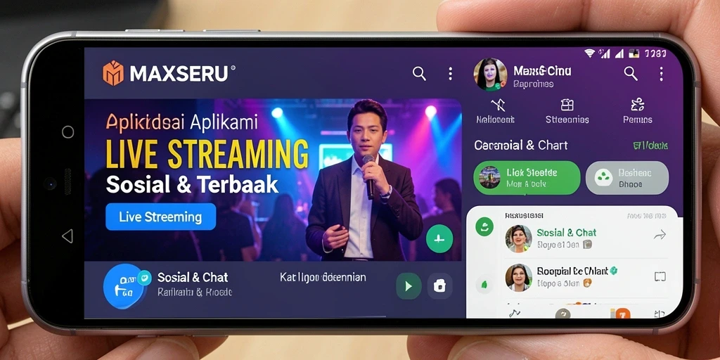 Tampilan antarmuka <strong>MAXSERU</strong> saat siaran langsung dengan fitur chat interaktif.
