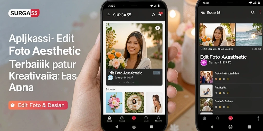 Antarmuka SURGA55 yang modern dengan fitur editing foto estetis.